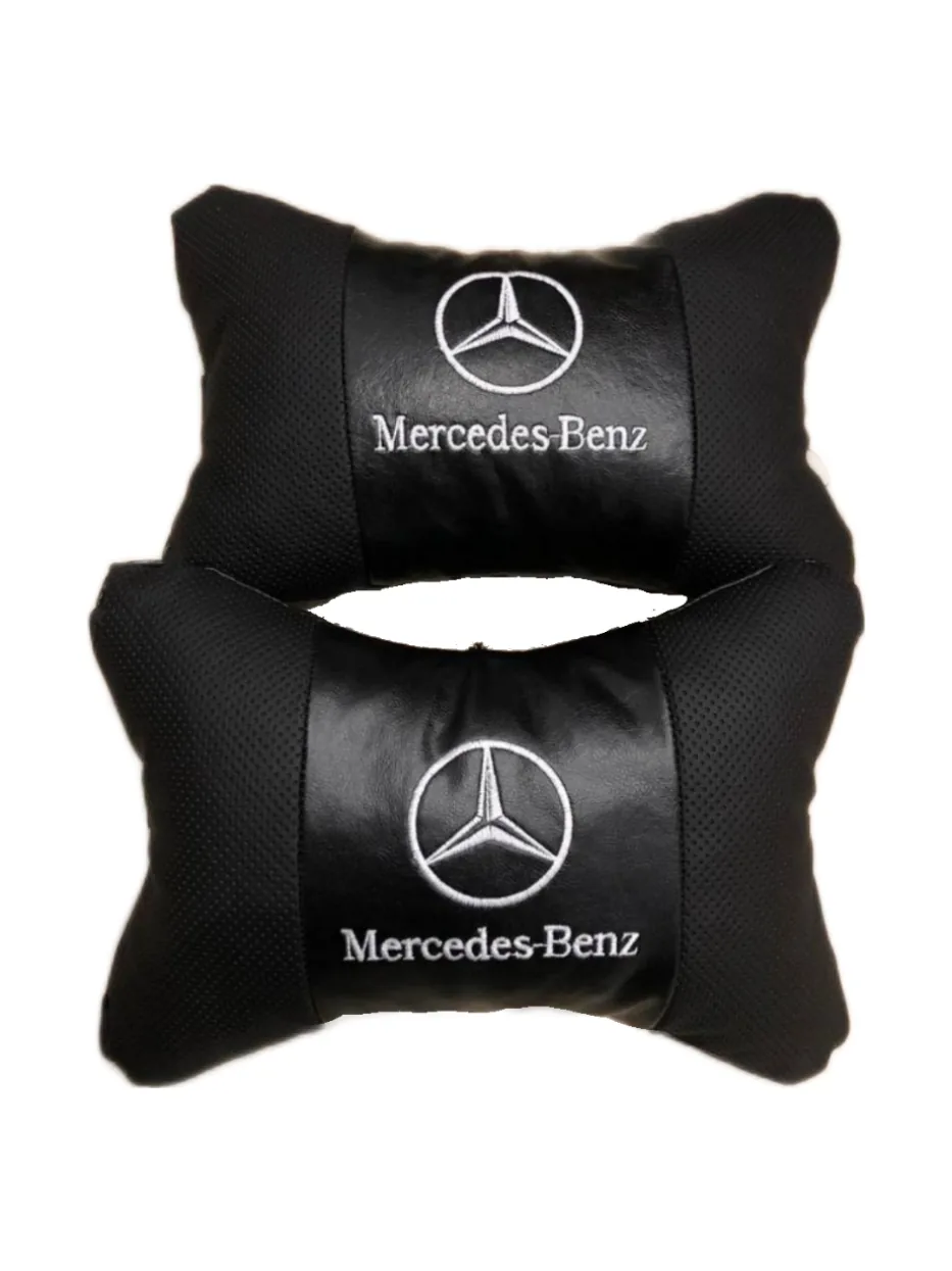 Подушки автомобильные лого Mercedes-Benz на подголовники ЭкоКожа (2шт пара)