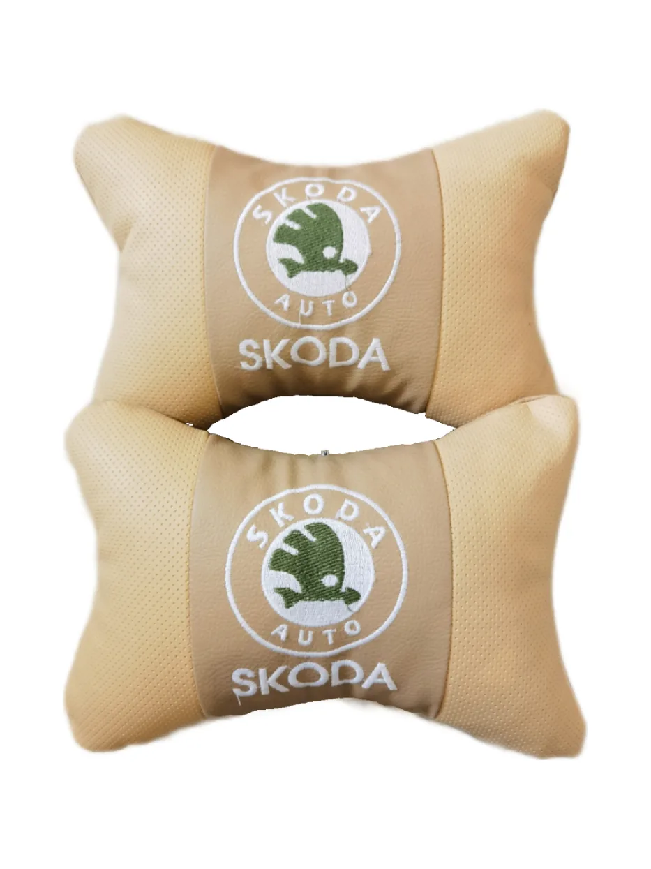 Подушки автомобільні лого Skoda на підголівники Екошкіра (2шт пара) Бежеві