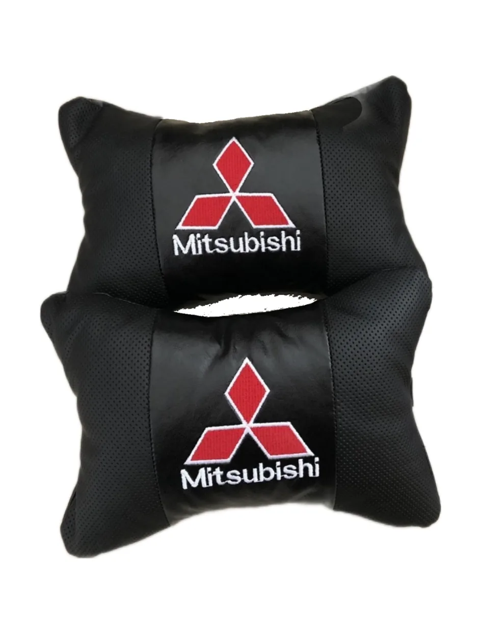 Подушки автомобильные с лого Mitsubishi на подголовники ЕкоКожа (2шт пара)